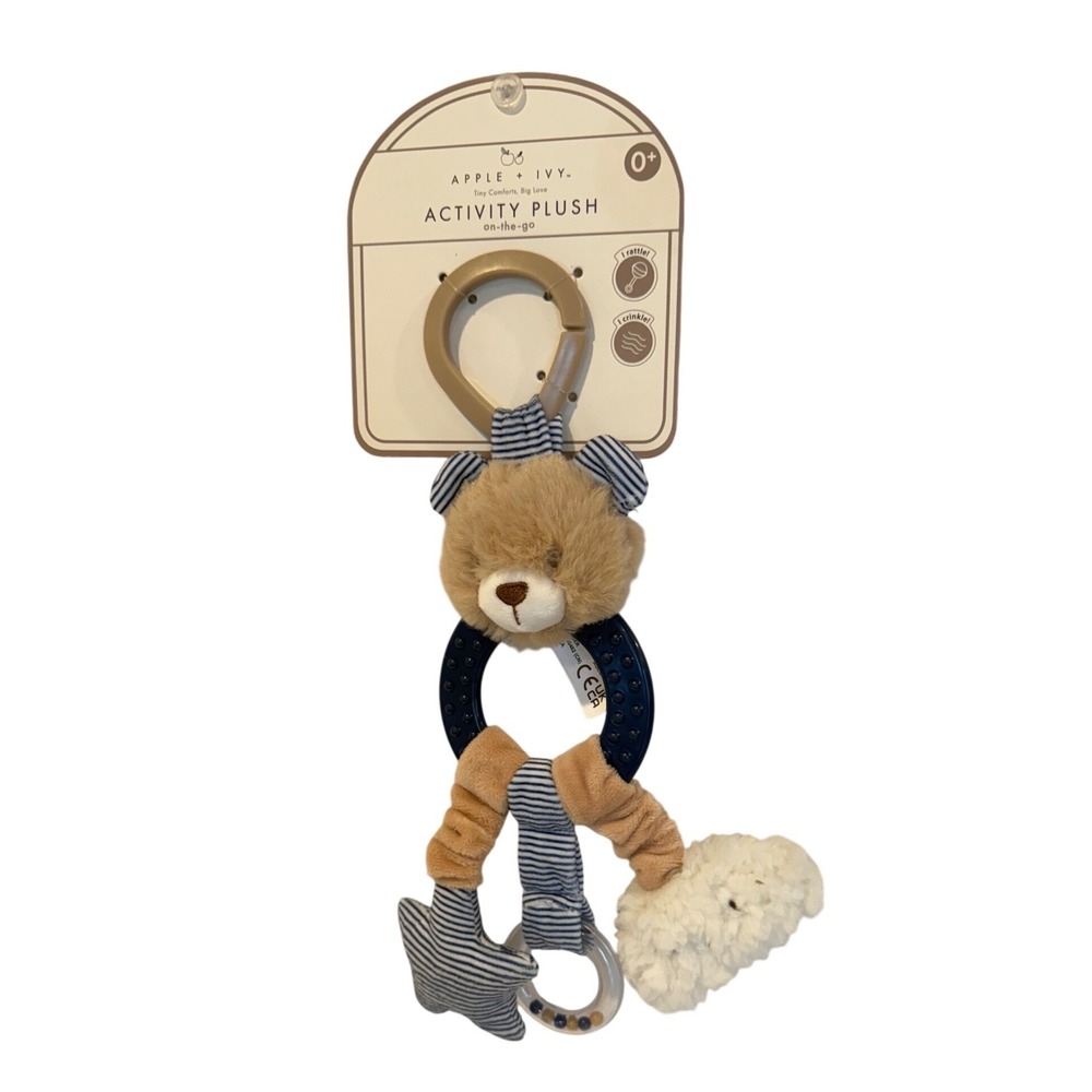 New Activity Plush Baby Bear On-The-Go‎ Infant Sensory Rattle Crinkle Toy Blue